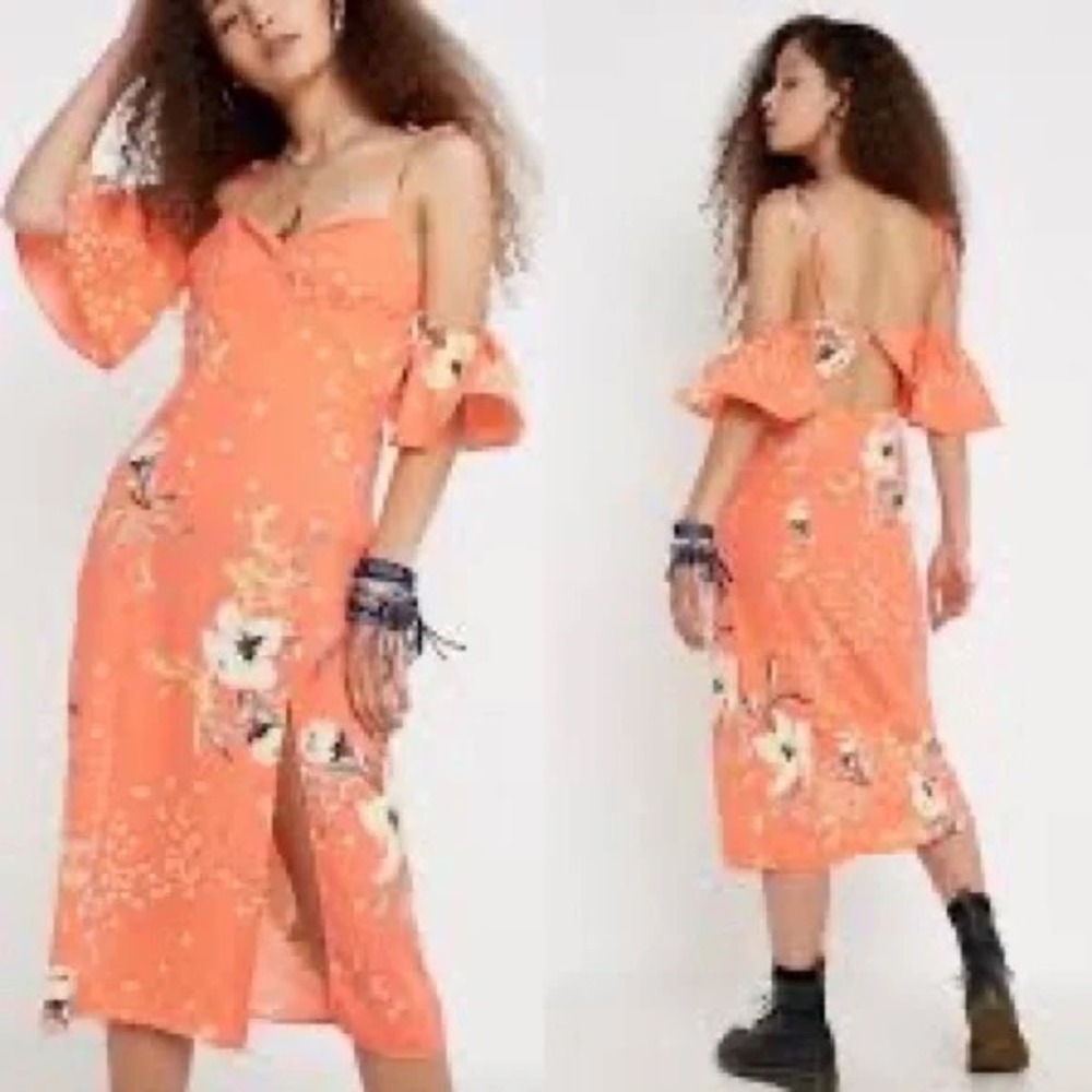 Urban Outfitters NWT Coral Floral Tie Sleeve Midi‎ Dress L